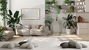 White table, desk or shelf with five soft white pillows in the shape of stars or flowers, over kitchen and living room with