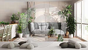 White table, desk or shelf with five soft white pillows in the shape of stars or flowers, over kitchen and living room with sofa