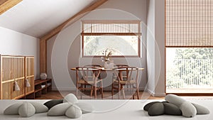 White table, desk or shelf with five soft white pillows in the shape of stars or flowers, over scandinavian dining room with sofa