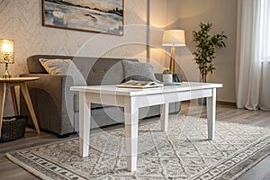 White table in front of grey settee in apartment