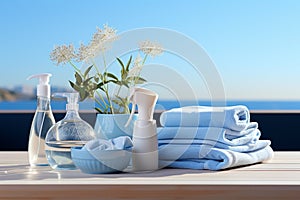 White table hosts cleaning essentials, set against blue gradient, abundant copy area