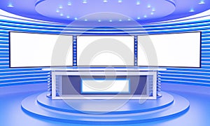 White table and lcd background in a news studio room.3d rendering.