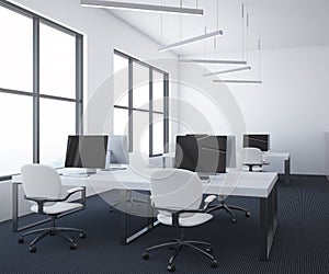 White table open plan office interior, dark floor photo