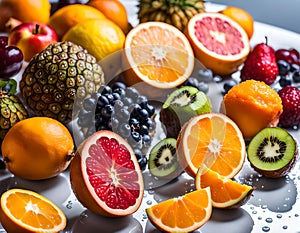 on a white table, several fruit halves, as many types of exotic fruits