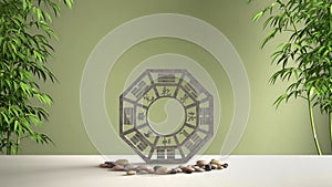 White table shelf with ba gua, pebble stone and bamboo plants, yellow green background with copy space, zen concept interior