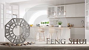 White table shelf with bagua, pebble stone and bamboo plants, modern white scandinavian kitchen with island and stools, zen