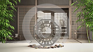 White table shelf with bagua and pebble stone, empty japanese tea room wirh tatami, futon, rice paper door, chairs, zen concept photo