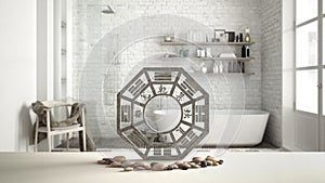 White table shelf with bagua and pebble stone, vintage bathroom with bathtub and shower, zen concept interior design, feng shui