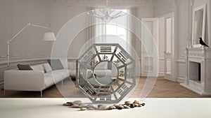 White table shelf with bagua and pebble stone, white minimalist living room in classic flat with fireplace, zen concept interior