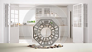 White table shelf with bagua and pebble stone, white scandinavian kitchen with island and big door, zen concept interior design,