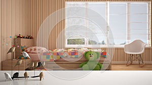 White table top or shelf with minimalistic bird ornament, birdie knick - knack over blurred colored child bedroom with single bed,