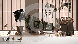 White table top or shelf with minimalistic bird ornament, birdie knick - knack over modern conservatory, winter garden, lounge