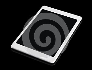 White tablet with a black screen on a black background