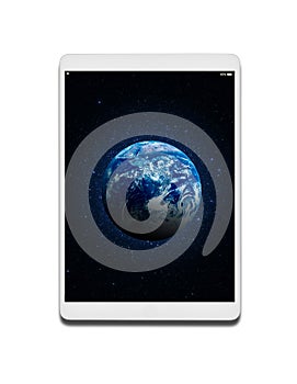 White tablet computer with a screen saver image of the Earth. On a white background.