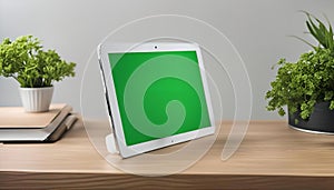 White Tablet with Green Screen on Wooden Table
