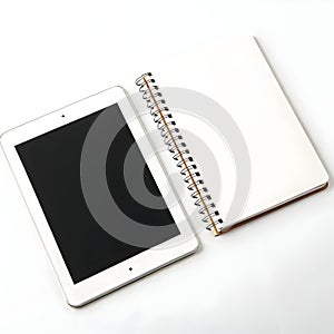 White tablet and notebook isolated on white background