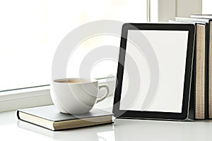 White tablet sits on a table next to a cup of coffee and a stack of books