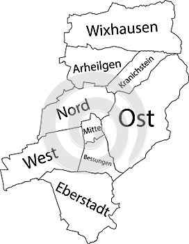 White tagged districts map of DARMSTADT, GERMANY