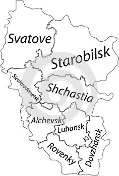 White tagged map of raions of the LUHANSK OBLAST, UKRAINE