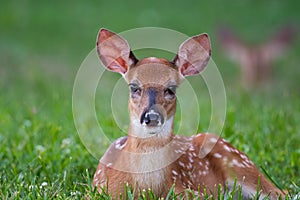 White-tailed deer fawn bedded down in an open meadow