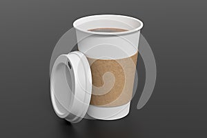 White take away coffee paper cup mock up with opened white lid with holder on black background