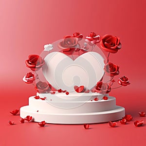 White taken heart decorated with red roses bright red background.Valentine's Day banner with space for your own content.
