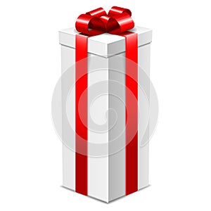 White tall gift box with red bow isolated on white,