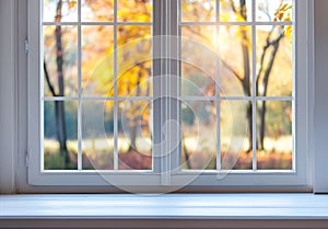 White tall window sill with autumn garden on background