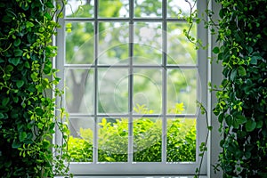 White tall window sill with summer garden on background