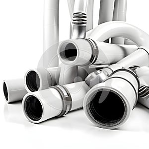 A white tangled plastic pipework on a white background