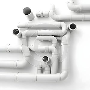 White tangled plastic pipework on a white empty background