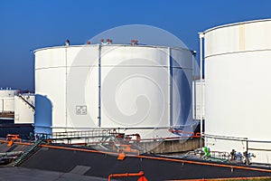 White tank in tank farm with blue