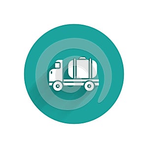 White Tanker truck icon isolated with long shadow. Petroleum tanker, petrol truck, cistern, oil trailer. Green circle