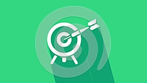 White Target with arrow icon isolated on green background. Dart board sign. Archery board icon. Dartboard sign. Business