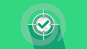 White Target and check mark icon isolated on green background. Dart board sign. Archery board icon. Dartboard sign