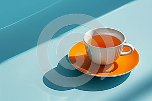 White tea cup on an orange saucer with blue background and shadows