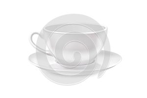 White tea cup and saucer for drink isolated on white background. Ceramic coffee cup or mug close up.