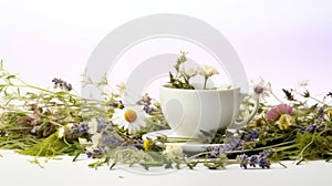 a white tea cup and saucer surrounded by various flowers and plants on a white background