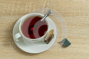 White tea mug and tea bag on a saucer