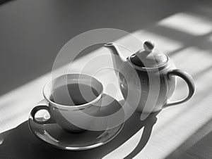 A white tea pot and cup sit on a table