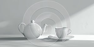 White tea pot and cup on table, suitable for kitchen and beverage concepts