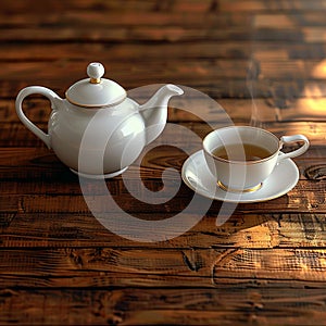 White teacup and teapot, top view on wood 3D rendering