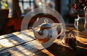 a white teapot with a satchel of tea on a wooden table