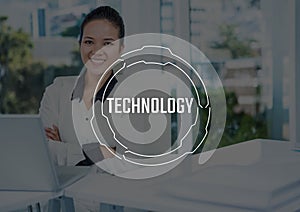 White technology text and graphic against business woman arms folded at laptop