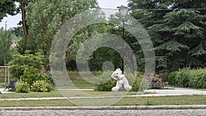 White teddy bear, doing the zip line, in the middle of nature