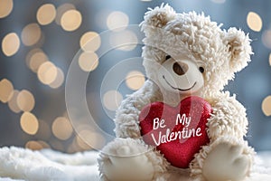 White teddy bear hugging red heart with inscription Be My Valentine, on light background with golden festive bokeh