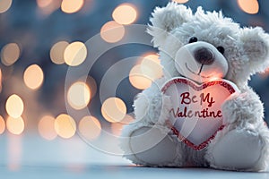 White teddy bear hugging red heart with inscription Be My Valentine, on light background with golden festive bokeh