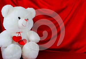 White Teddy bear with red hearts on a red cloth background