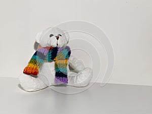 A white teddy bear toy with a knitted scarf in rainbow colors sits on a white background. Teddy bear day concept.