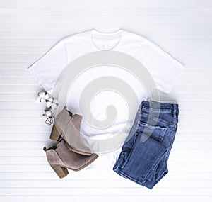 White tee mockup - tshirt with cotton balls, boots & jeans